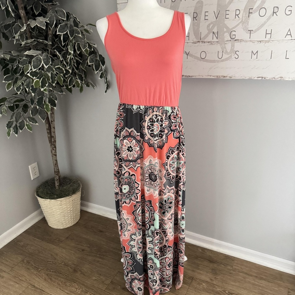 Zattcas Dress Womens Large Pink Floral Scoop Neck Comfort Maxi Boho Sundress‎